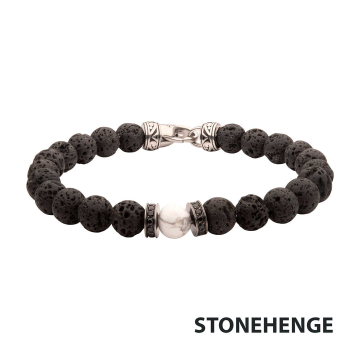 8mm Howlite & Black Lava Stone Bead Bracelet with Black CZ & Antiqued Stainless Steel Clasp