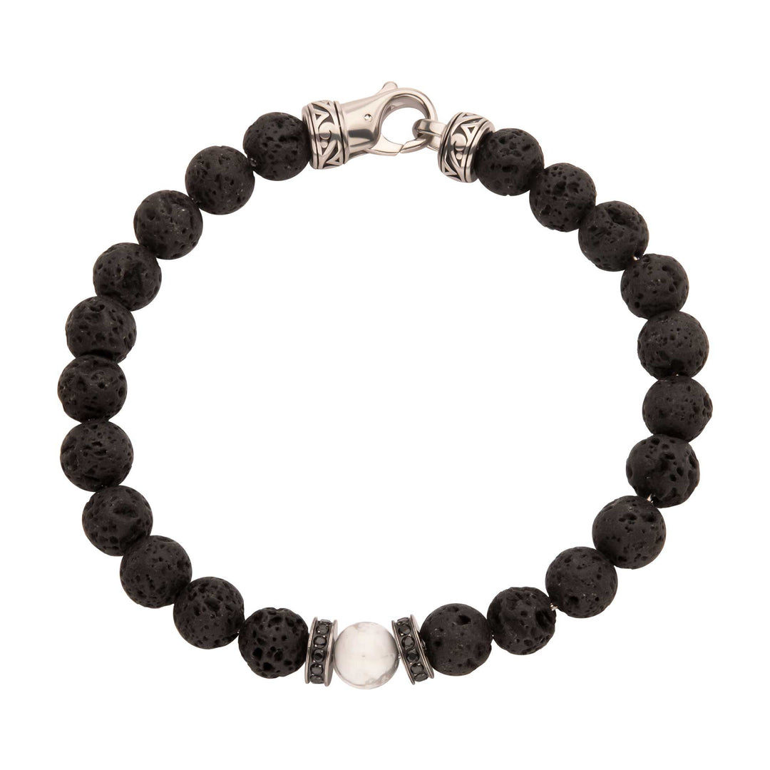 8mm Howlite & Black Lava Stone Bead Bracelet with Black CZ & Antiqued Stainless Steel Clasp