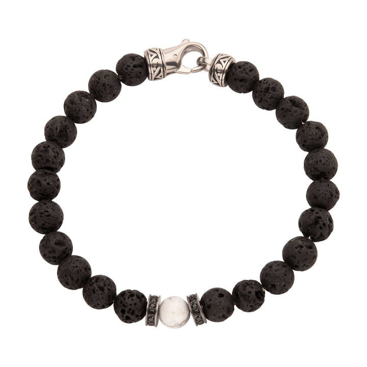 8mm Howlite & Black Lava Stone Bead Bracelet with Black CZ & Antiqued Stainless Steel Clasp