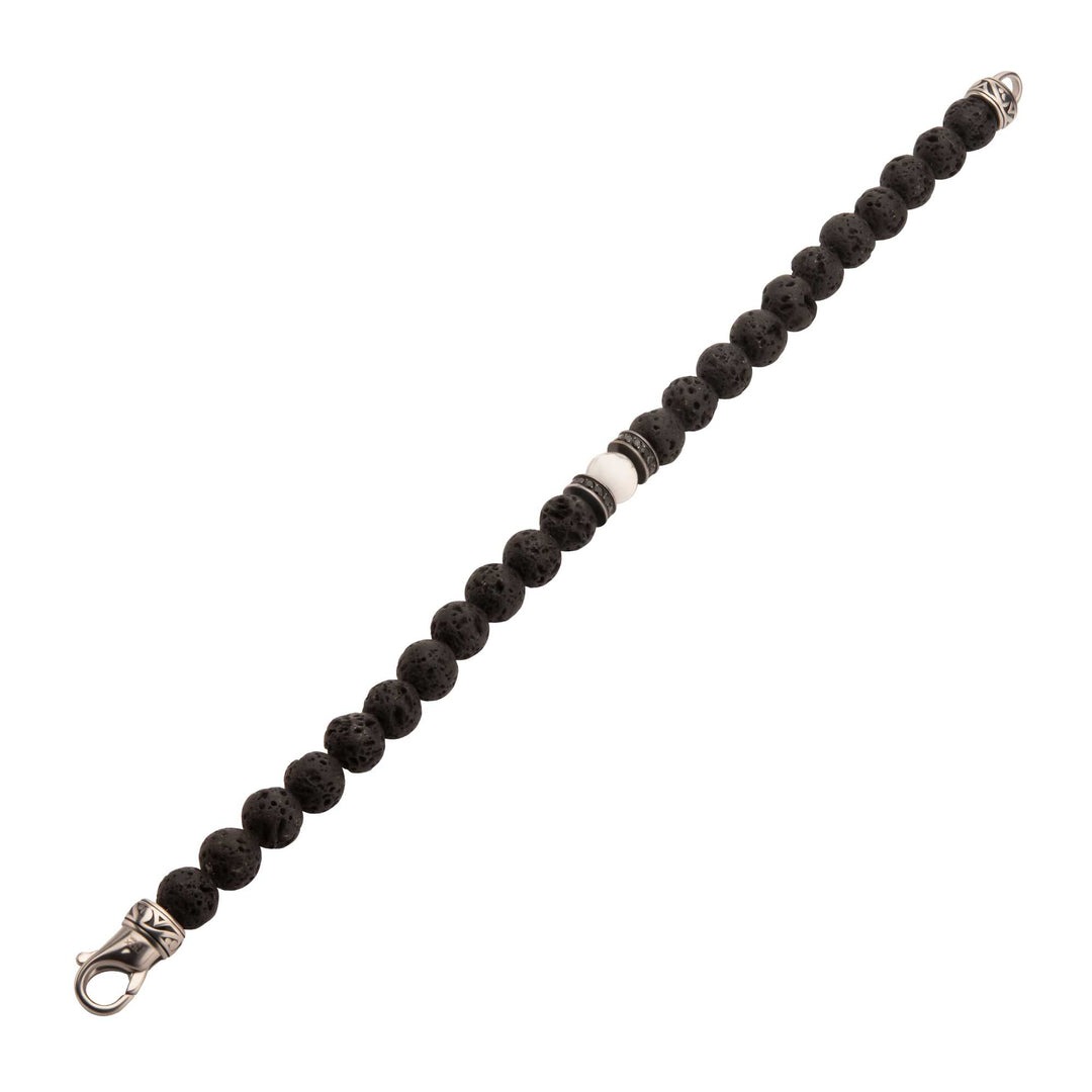 8mm Howlite & Black Lava Stone Bead Bracelet with Black CZ & Antiqued Stainless Steel Clasp