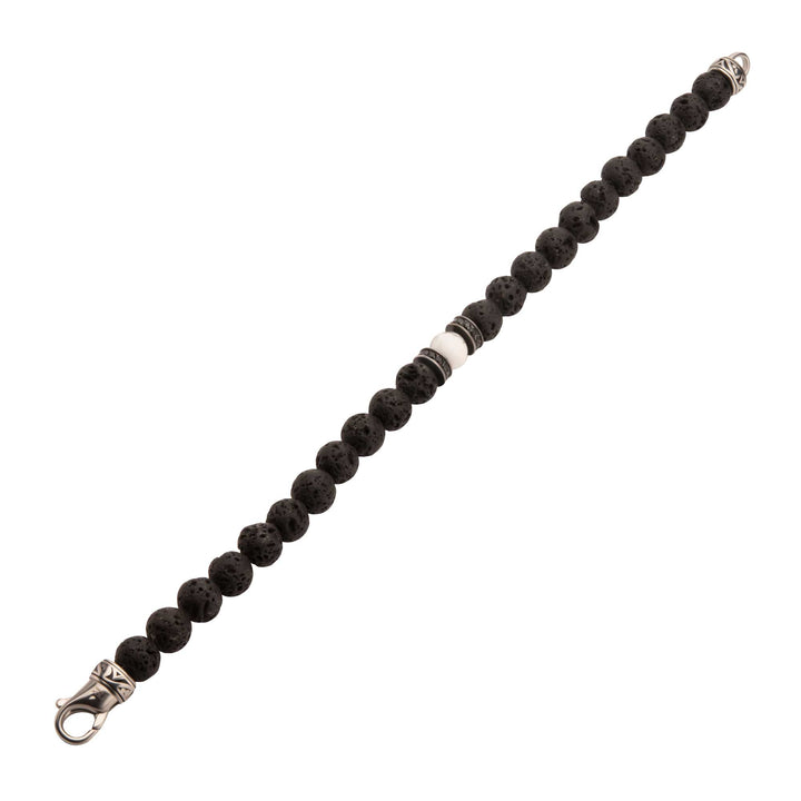 8mm Howlite & Black Lava Stone Bead Bracelet with Black CZ & Antiqued Stainless Steel Clasp