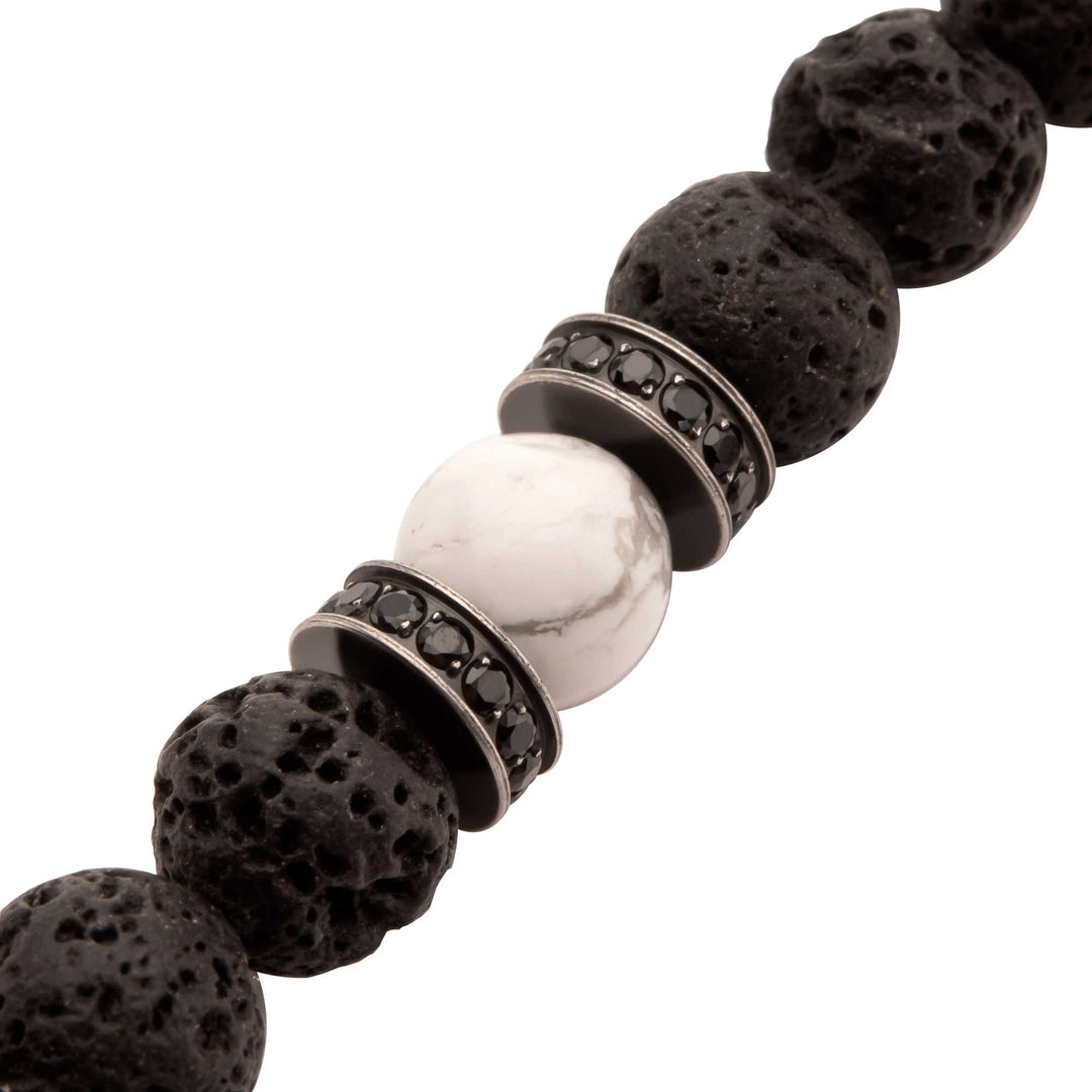 8mm Howlite & Black Lava Stone Bead Bracelet with Black CZ & Antiqued Stainless Steel Clasp
