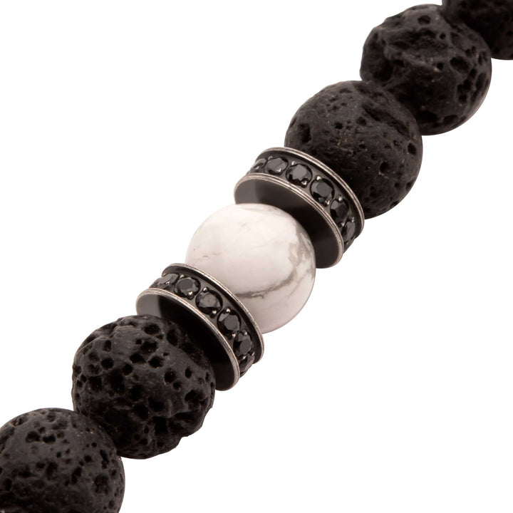 8mm Howlite & Black Lava Stone Bead Bracelet with Black CZ & Antiqued Stainless Steel Clasp