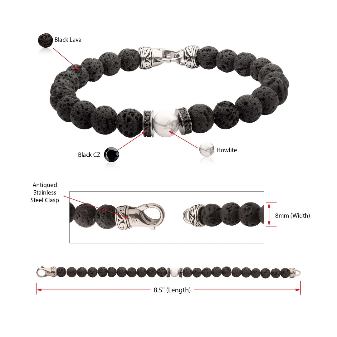 8mm Howlite & Black Lava Stone Bead Bracelet with Black CZ & Antiqued Stainless Steel Clasp