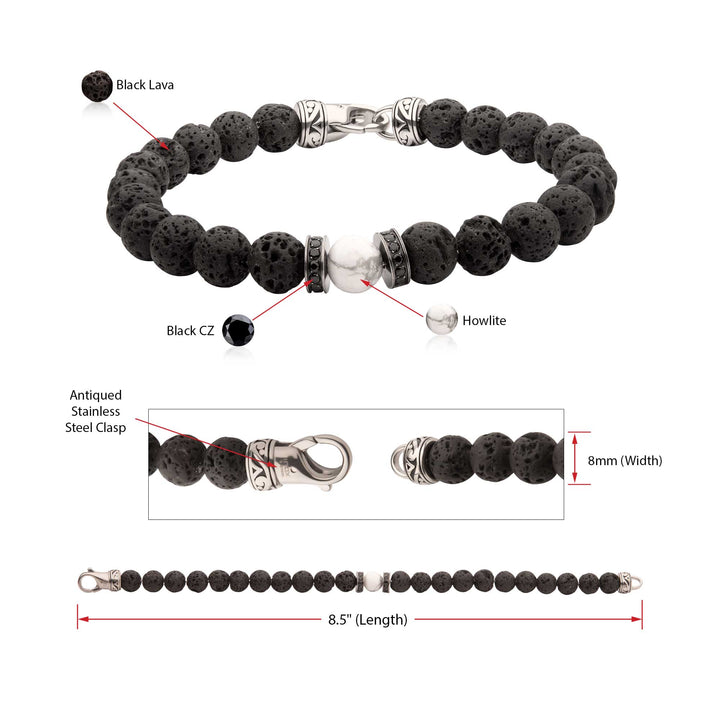 8mm Howlite & Black Lava Stone Bead Bracelet with Black CZ & Antiqued Stainless Steel Clasp