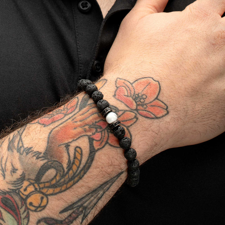 8mm Howlite & Black Lava Stone Bead Bracelet with Black CZ & Antiqued Stainless Steel Clasp