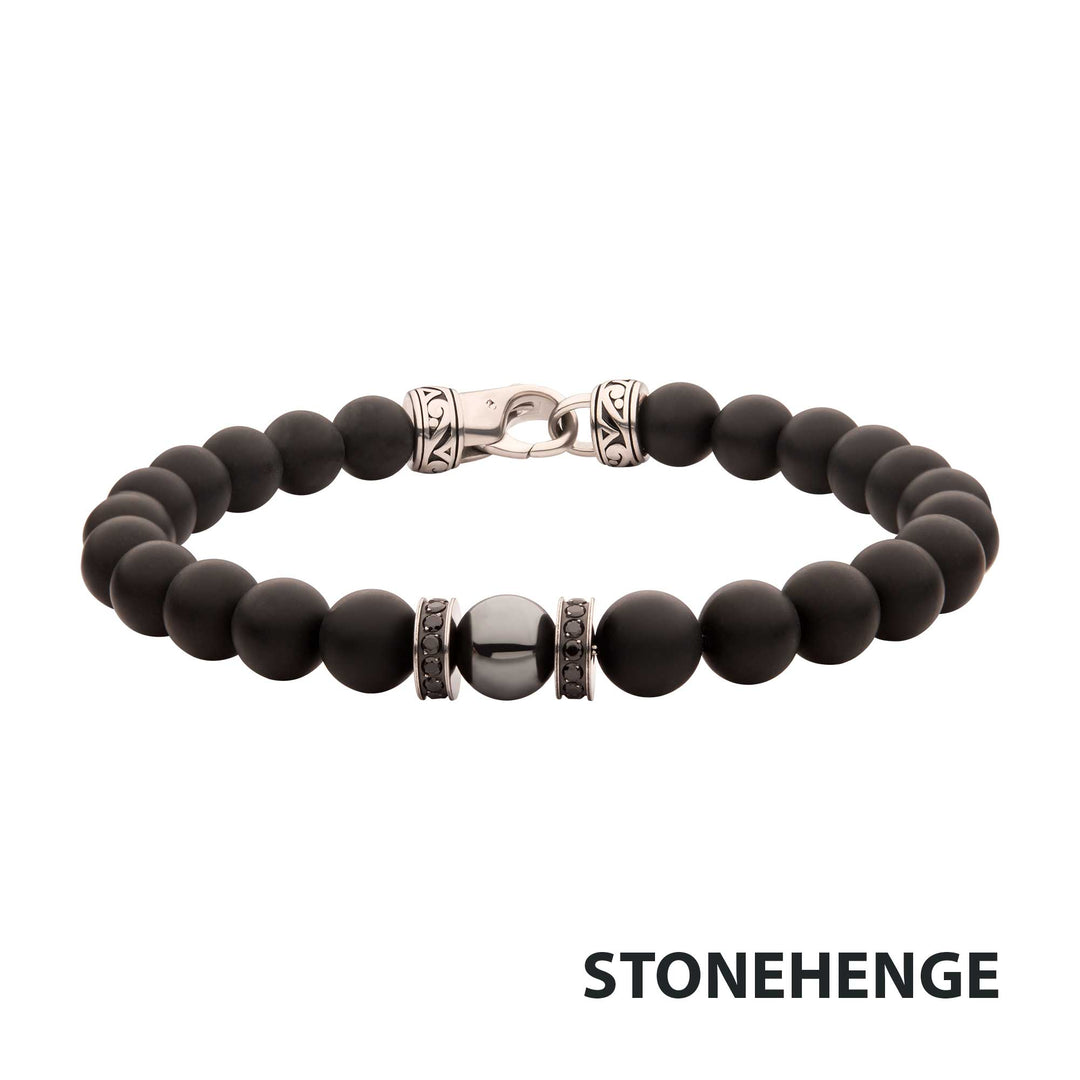 8mm Hematite & Black Onyx Stone Bead Bracelet with Black CZ & Antiqued Stainless Steel Clasp