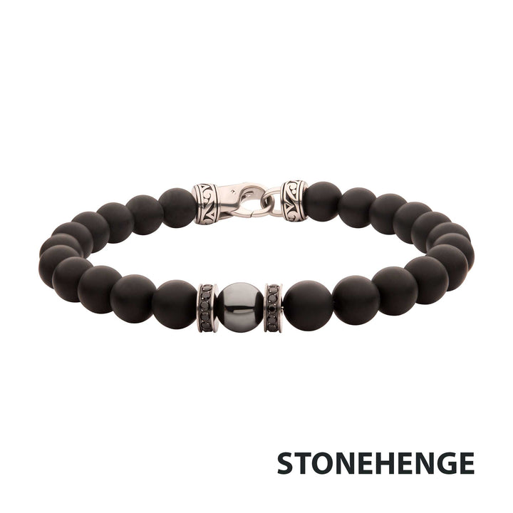 8mm Hematite & Black Onyx Stone Bead Bracelet with Black CZ & Antiqued Stainless Steel Clasp