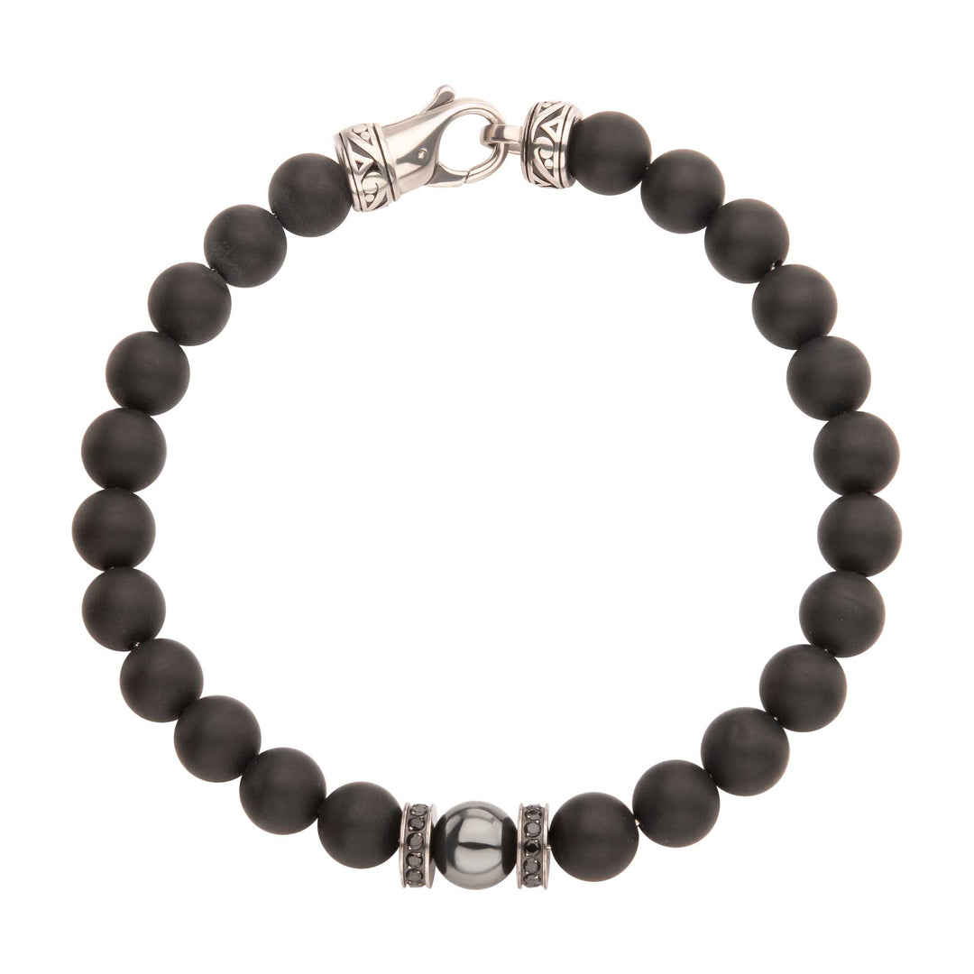 8mm Hematite & Black Onyx Stone Bead Bracelet with Black CZ & Antiqued Stainless Steel Clasp