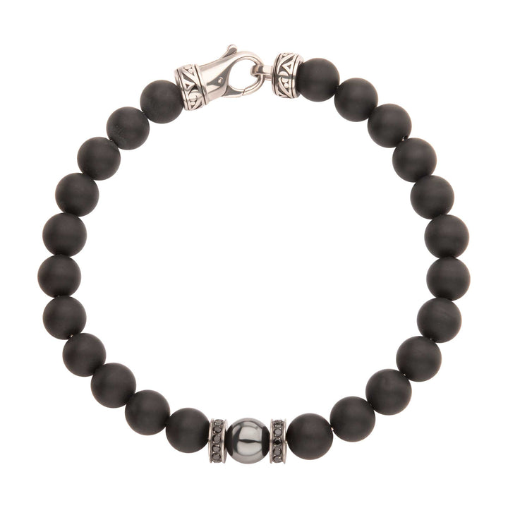 8mm Hematite & Black Onyx Stone Bead Bracelet with Black CZ & Antiqued Stainless Steel Clasp