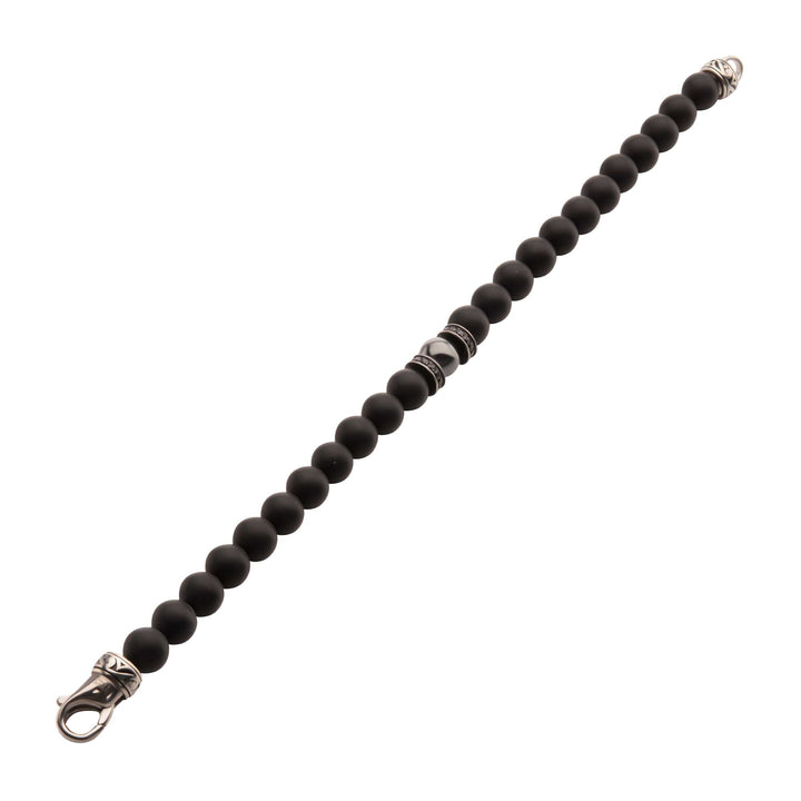8mm Hematite & Black Onyx Stone Bead Bracelet with Black CZ & Antiqued Stainless Steel Clasp