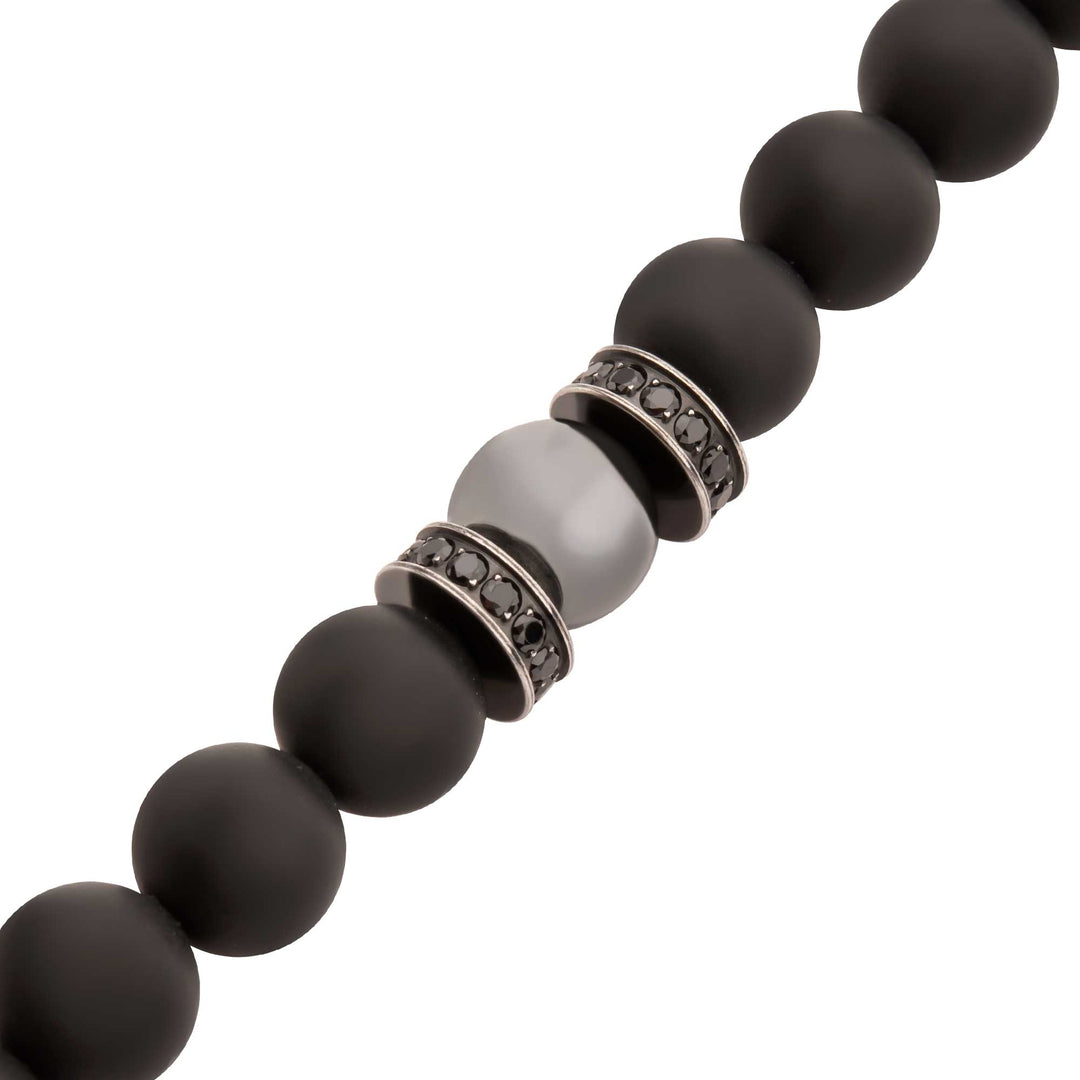 8mm Hematite & Black Onyx Stone Bead Bracelet with Black CZ & Antiqued Stainless Steel Clasp