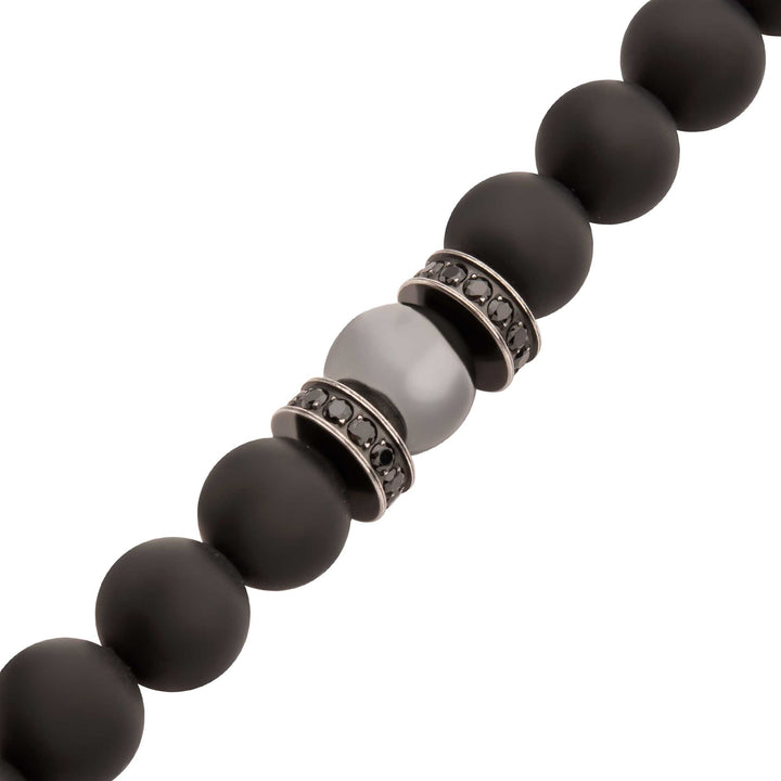8mm Hematite & Black Onyx Stone Bead Bracelet with Black CZ & Antiqued Stainless Steel Clasp