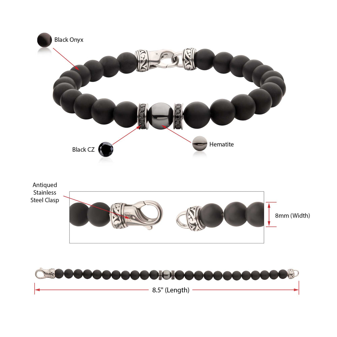 8mm Hematite & Black Onyx Stone Bead Bracelet with Black CZ & Antiqued Stainless Steel Clasp