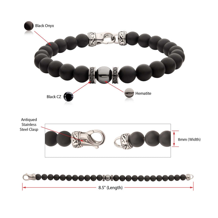 8mm Hematite & Black Onyx Stone Bead Bracelet with Black CZ & Antiqued Stainless Steel Clasp
