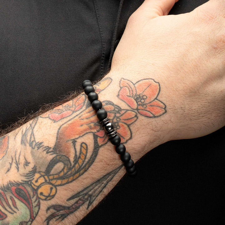 8mm Hematite & Black Onyx Stone Bead Bracelet with Black CZ & Antiqued Stainless Steel Clasp