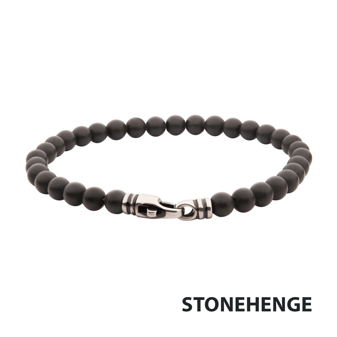 6mm Black Onyx Stone Bead Bracelet with Antiqued Stainless Steel Clasp