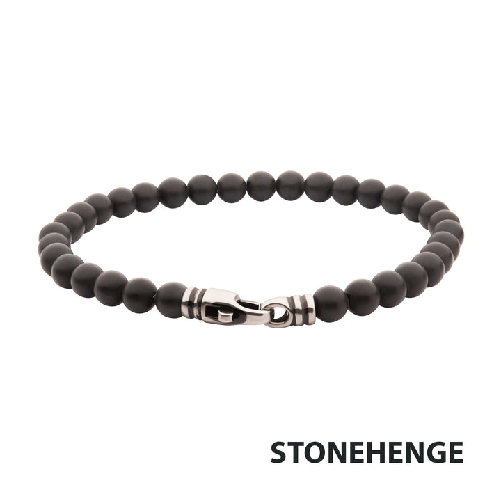 6mm Black Onyx Stone Bead Bracelet with Antiqued Stainless Steel Clasp