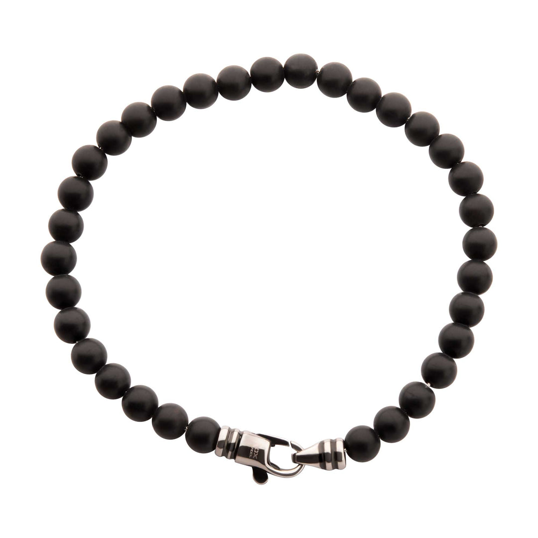 6mm Black Onyx Stone Bead Bracelet with Antiqued Stainless Steel Clasp