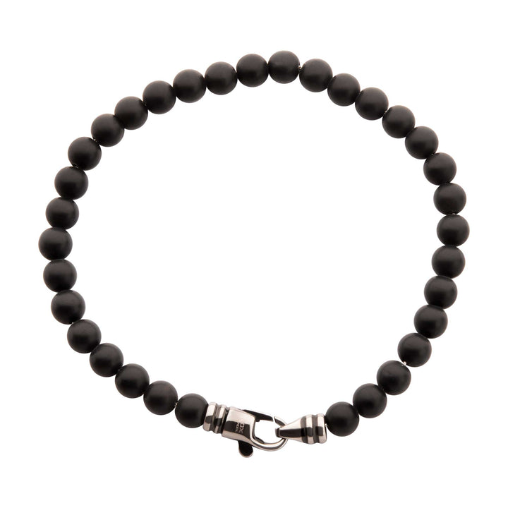 6mm Black Onyx Stone Bead Bracelet with Antiqued Stainless Steel Clasp