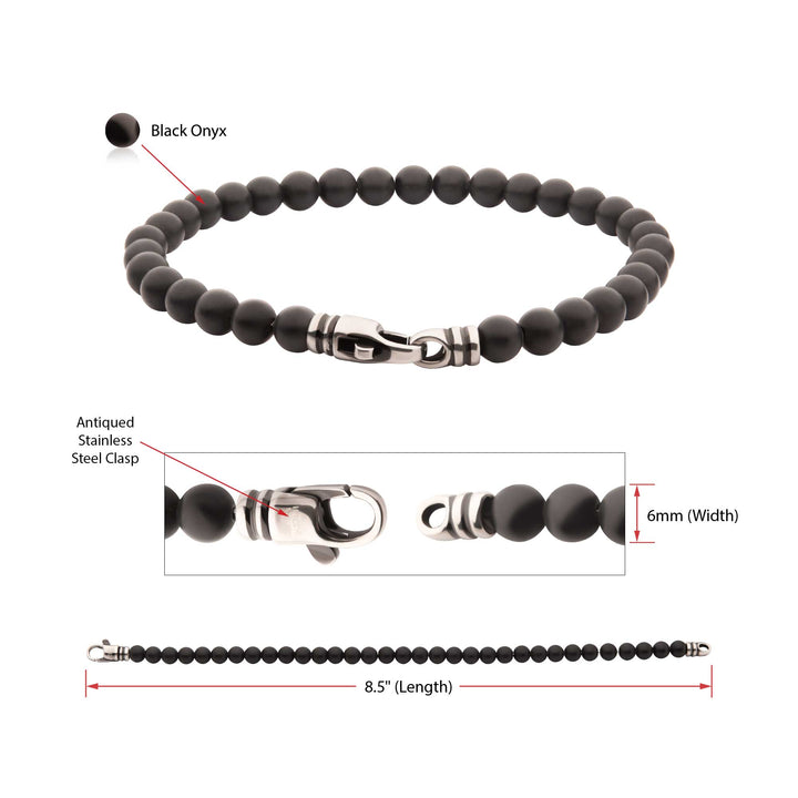 6mm Black Onyx Stone Bead Bracelet with Antiqued Stainless Steel Clasp