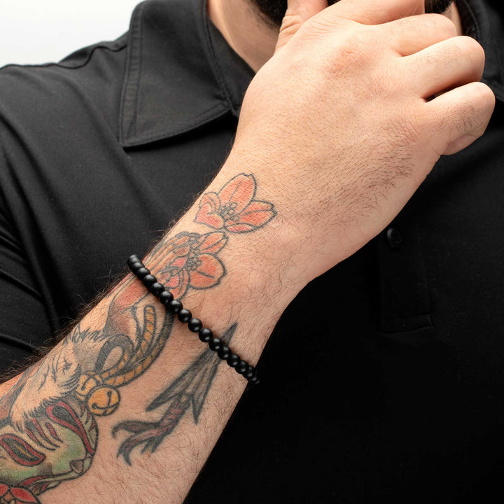 6mm Black Onyx Stone Bead Bracelet with Antiqued Stainless Steel Clasp