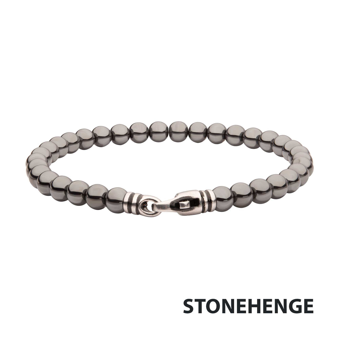6mm Hematite Stone Bead Bracelet with Antiqued Stainless Steel Clasp
