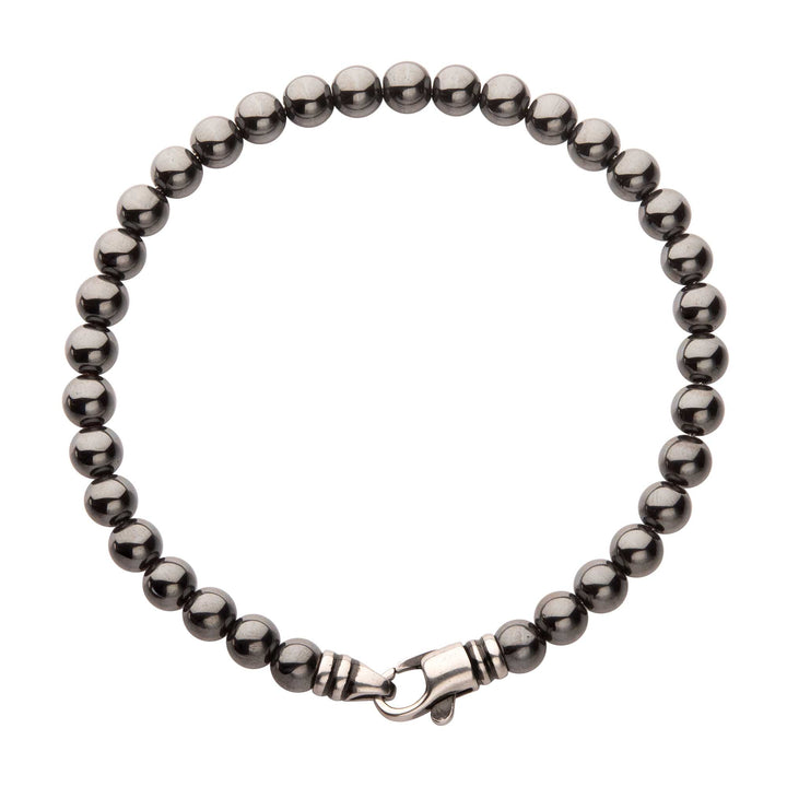 6mm Hematite Stone Bead Bracelet with Antiqued Stainless Steel Clasp