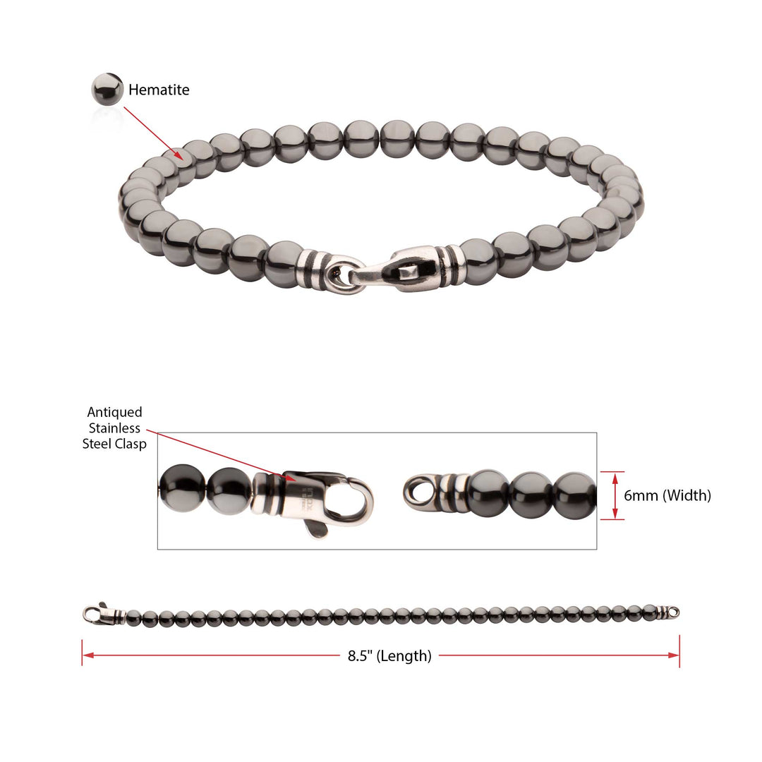 6mm Hematite Stone Bead Bracelet with Antiqued Stainless Steel Clasp