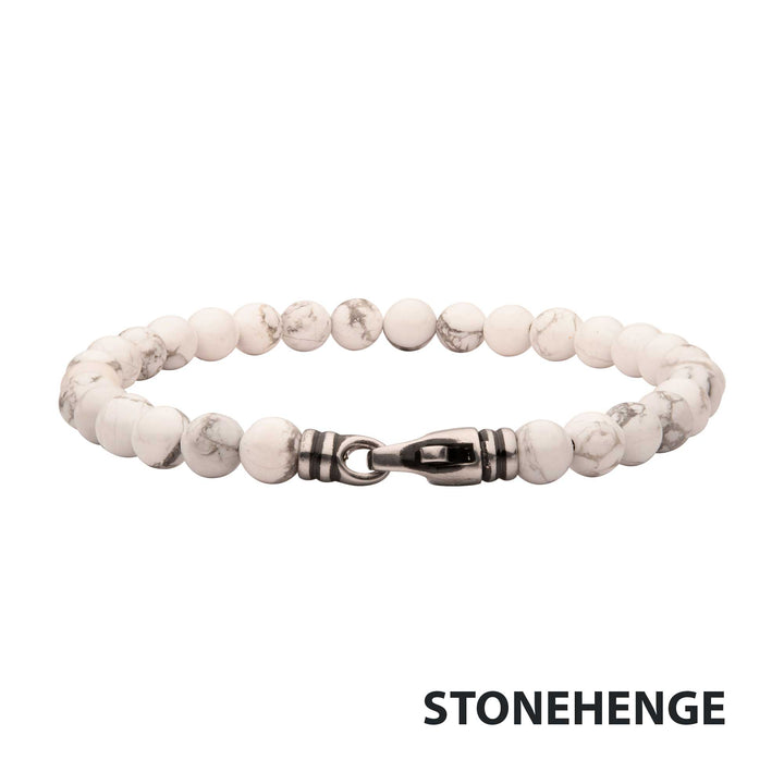 6mm Howlite Stone Bead Bracelet with Antiqued Stainless Steel Clasp