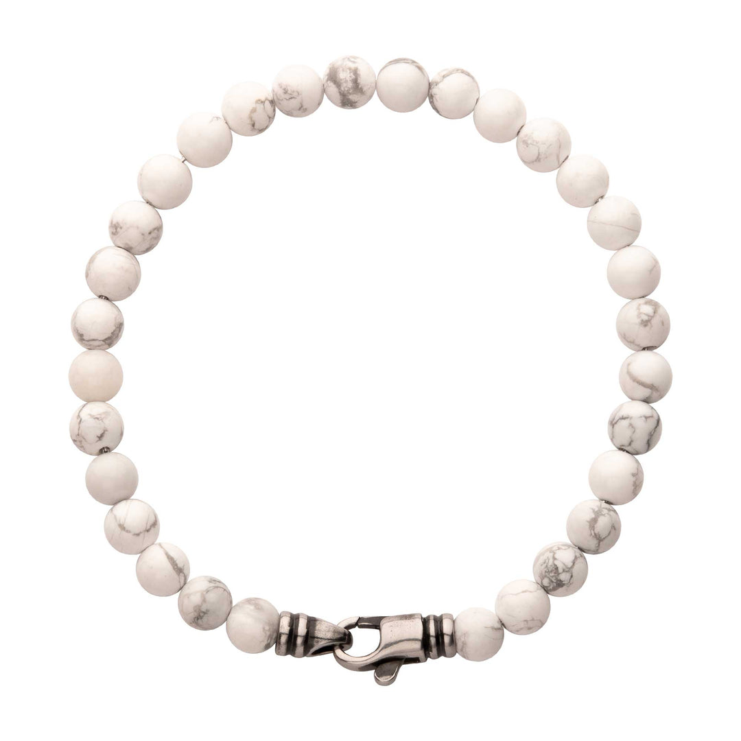 6mm Howlite Stone Bead Bracelet with Antiqued Stainless Steel Clasp