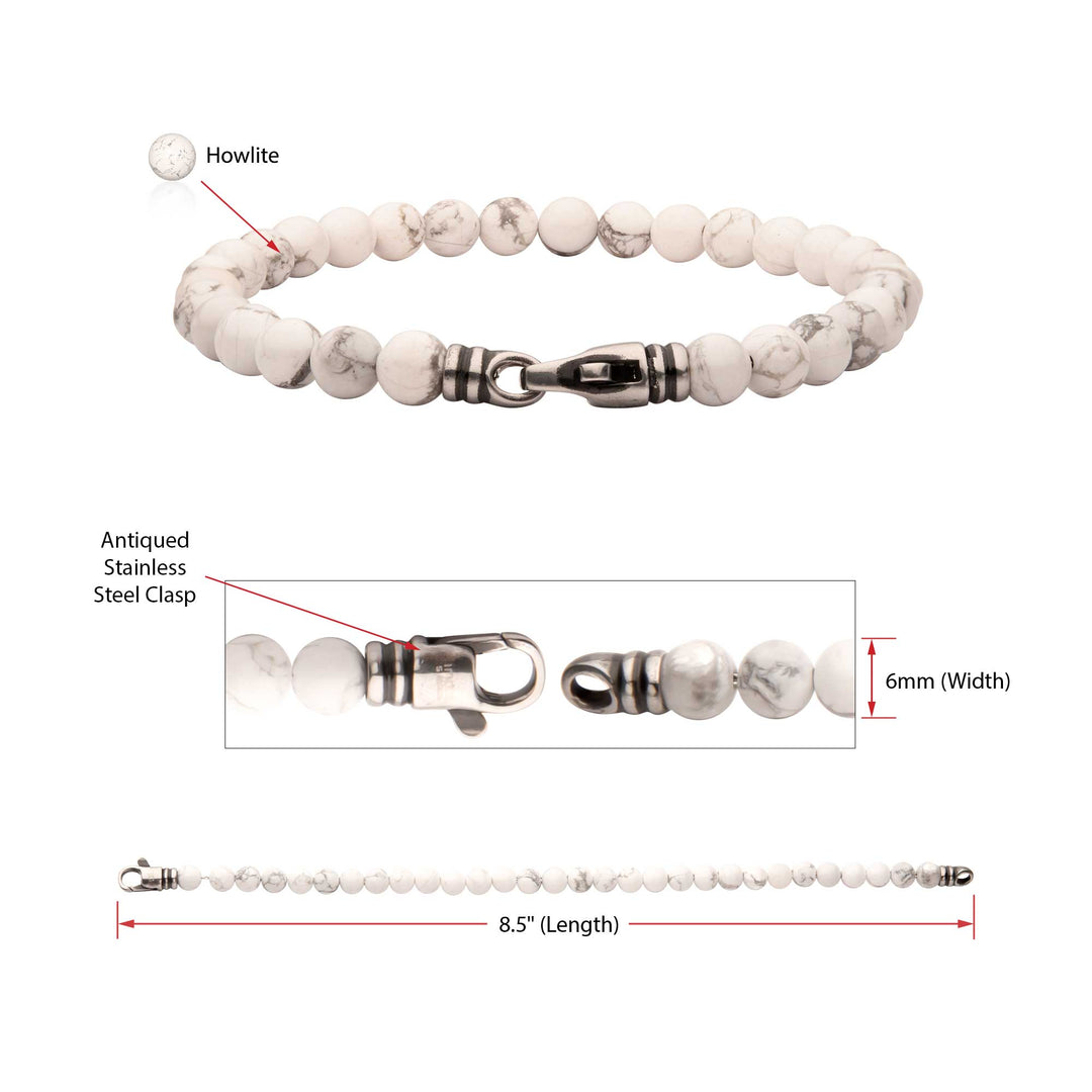 6mm Howlite Stone Bead Bracelet with Antiqued Stainless Steel Clasp