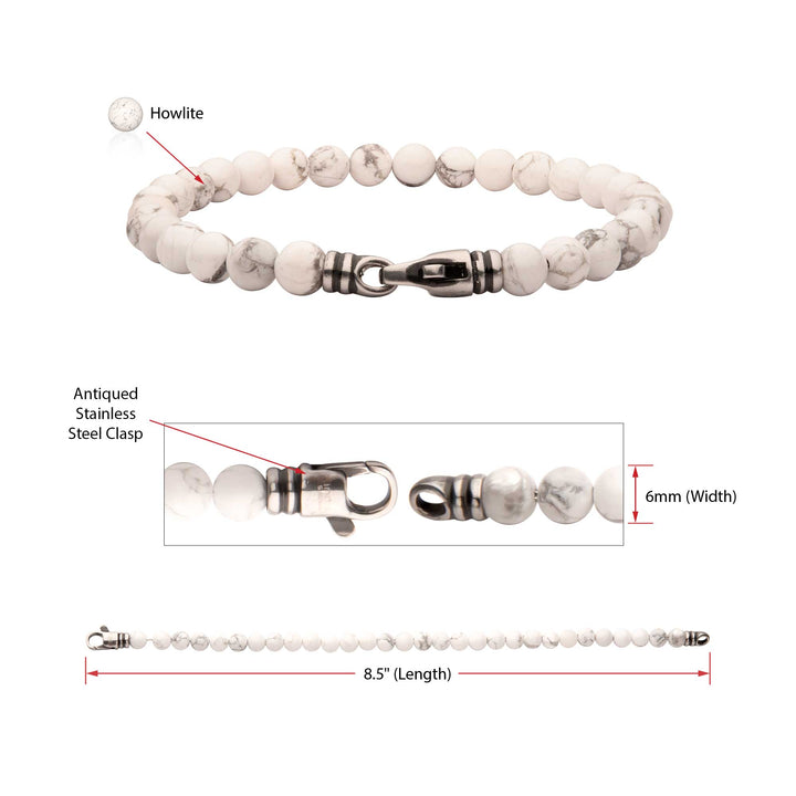 6mm Howlite Stone Bead Bracelet with Antiqued Stainless Steel Clasp