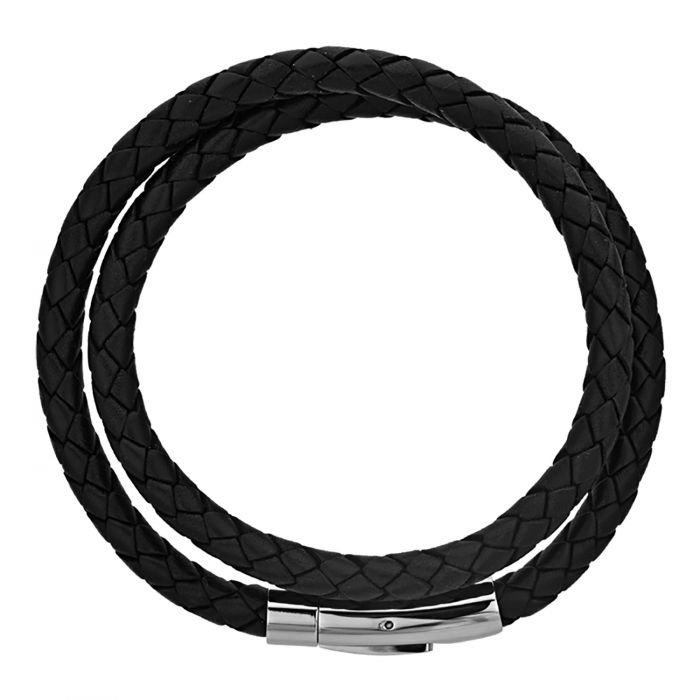 Double Round Black Braided Genuine Full Grain Cowhide Leather Bracelet
