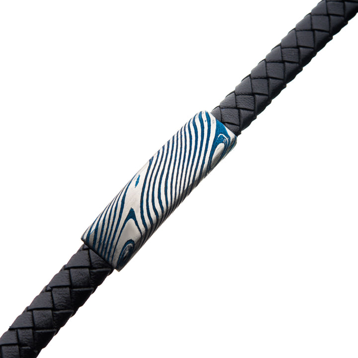 Black Leather Bracelet with Blue IP Damascus Steel Plate