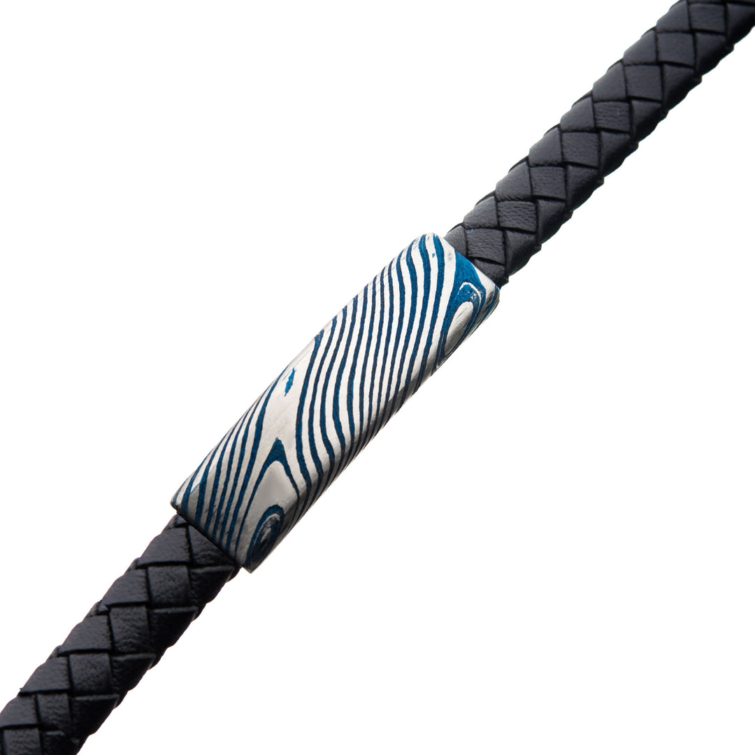 Black Leather Bracelet with Blue IP Damascus Steel Plate