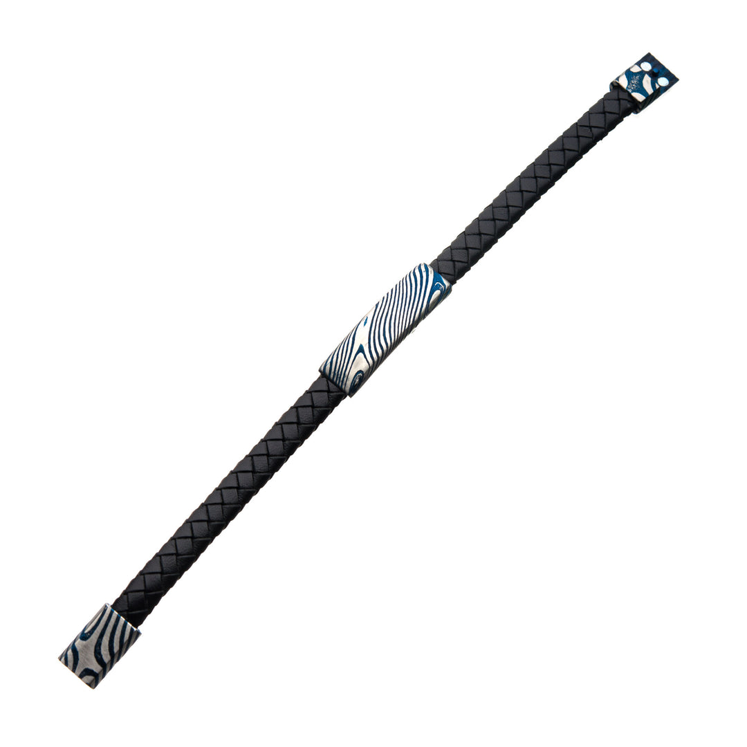 Black Leather Bracelet with Blue IP Damascus Steel Plate