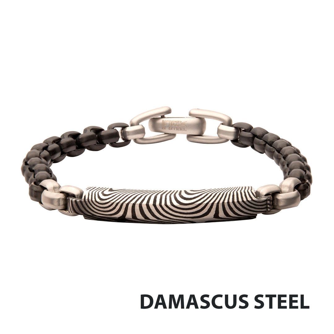 Black IP Steel Box Chain Bracelet with Damascus Steel Plate