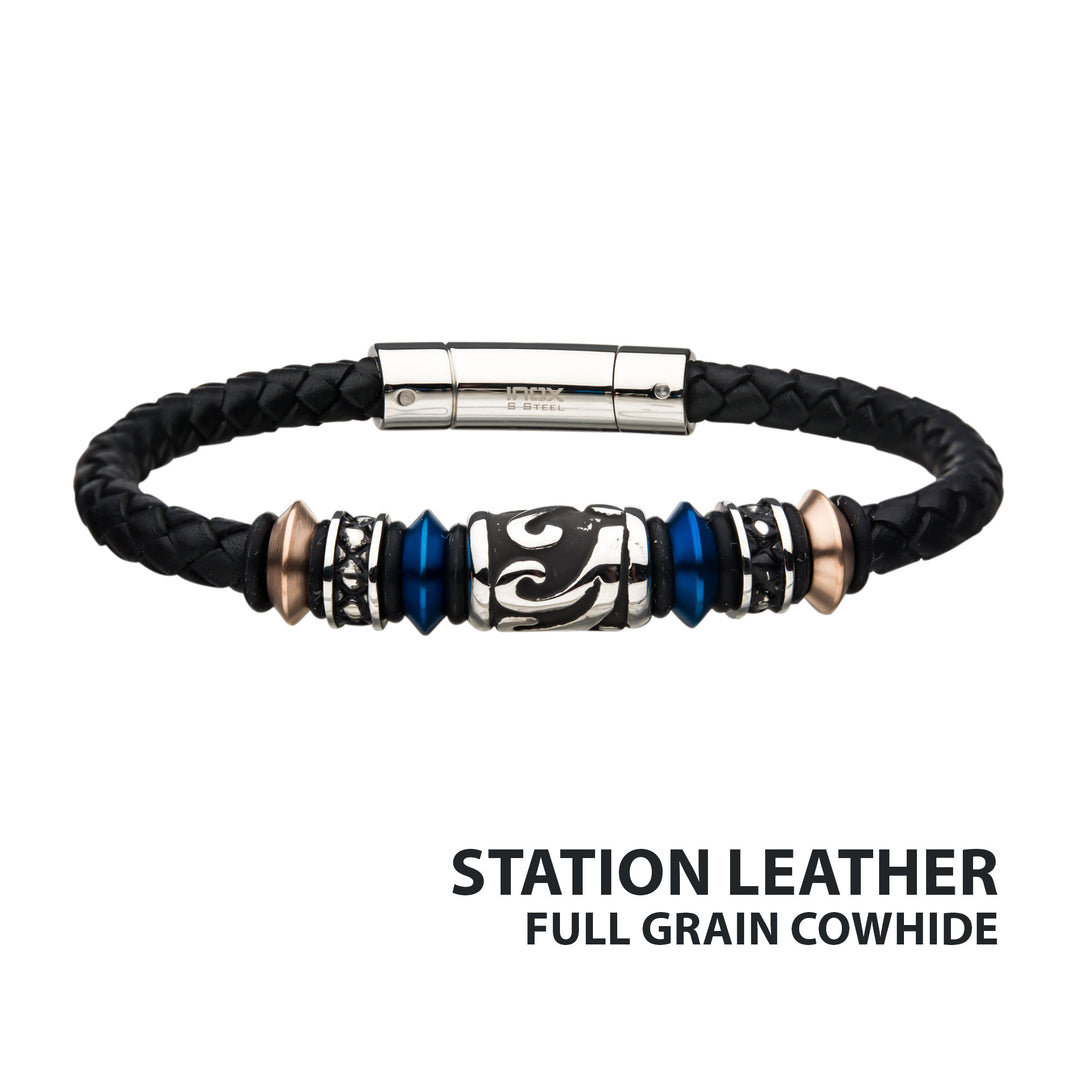 Black Braided Full Grain Cowhide Leather with Blue, Rose Gold IP & Steel Drum Beads Bracelet