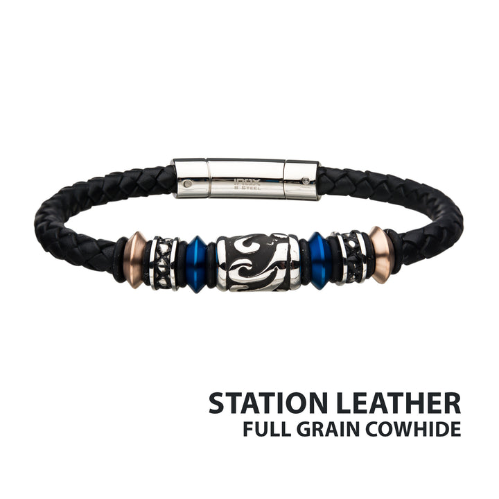 Black Braided Full Grain Cowhide Leather with Blue, Rose Gold IP & Steel Drum Beads Bracelet