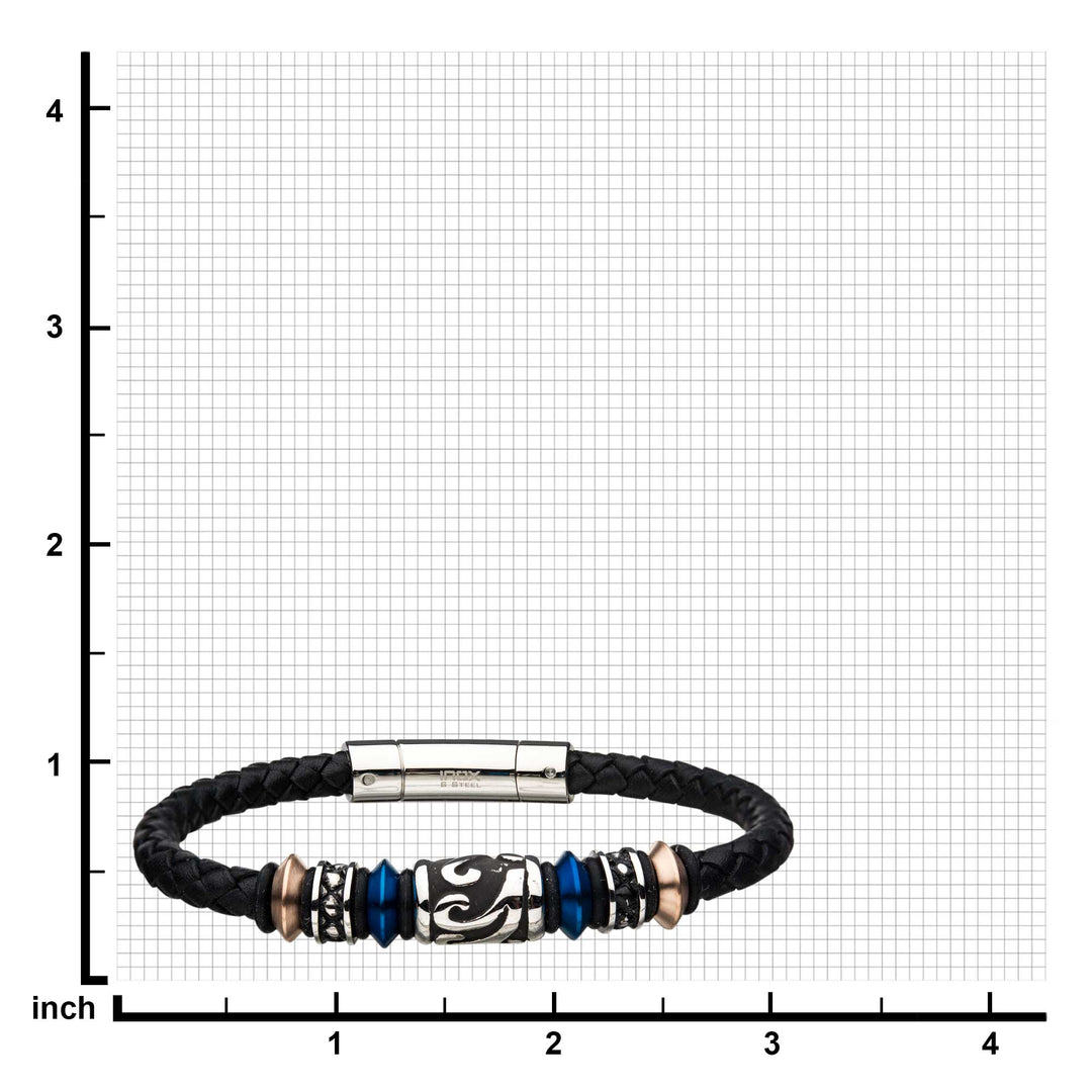 Black Braided Full Grain Cowhide Leather with Blue, Rose Gold IP & Steel Drum Beads Bracelet
