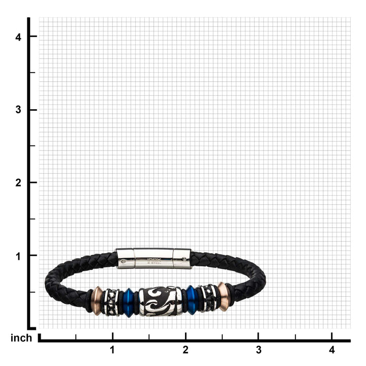 Black Braided Full Grain Cowhide Leather with Blue, Rose Gold IP & Steel Drum Beads Bracelet
