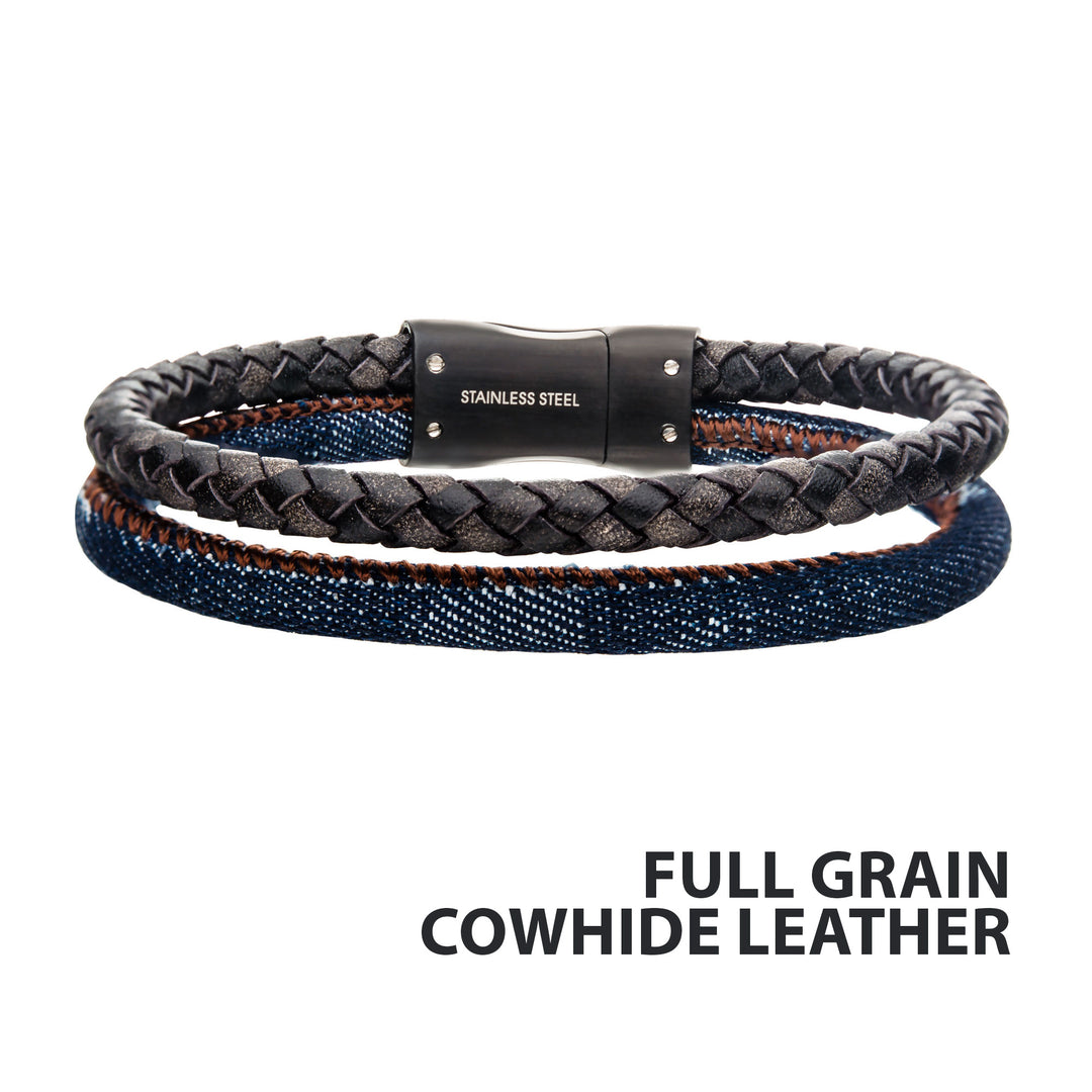 Double Strand Antiqued Full Grain Cowhide Leather and Denim with Stainless Steel Bracelet