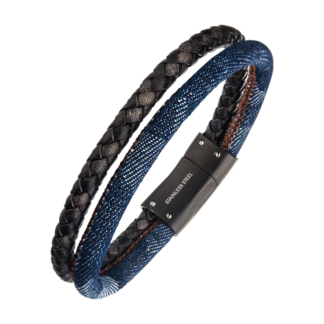 Double Strand Antiqued Full Grain Cowhide Leather and Denim with Stainless Steel Bracelet