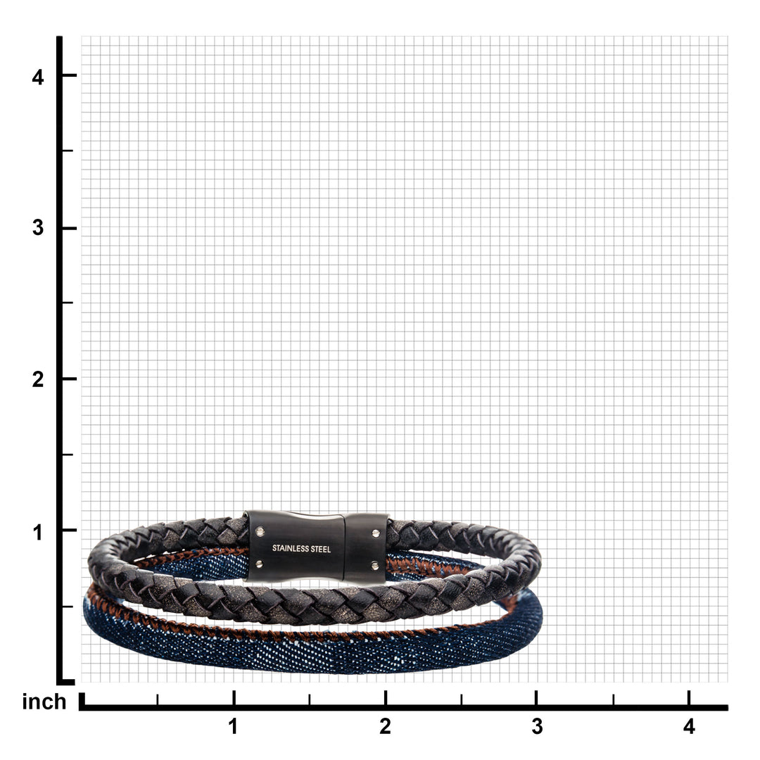 Double Strand Antiqued Full Grain Cowhide Leather and Denim with Stainless Steel Bracelet