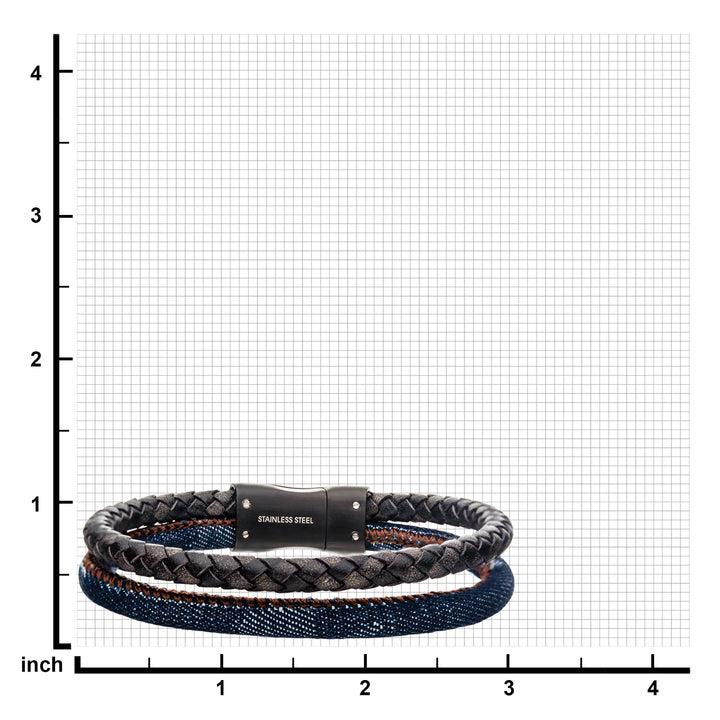 Double Strand Antiqued Full Grain Cowhide Leather and Denim with Stainless Steel Bracelet