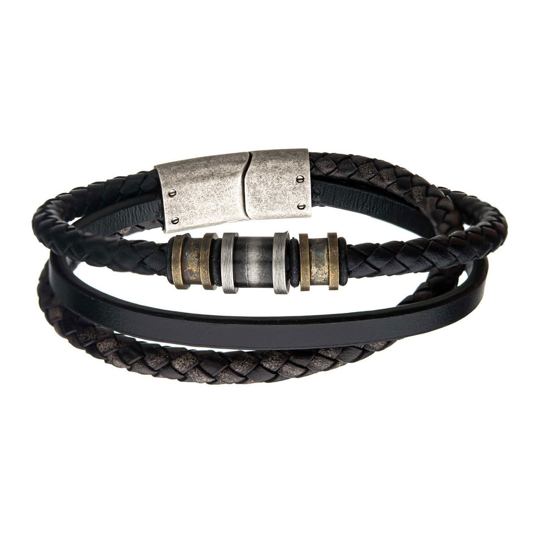 Steel Antiqued Finish Gold and Silver Beads with Black Multi Leather Full Grain Cowhide Layered Bracelet