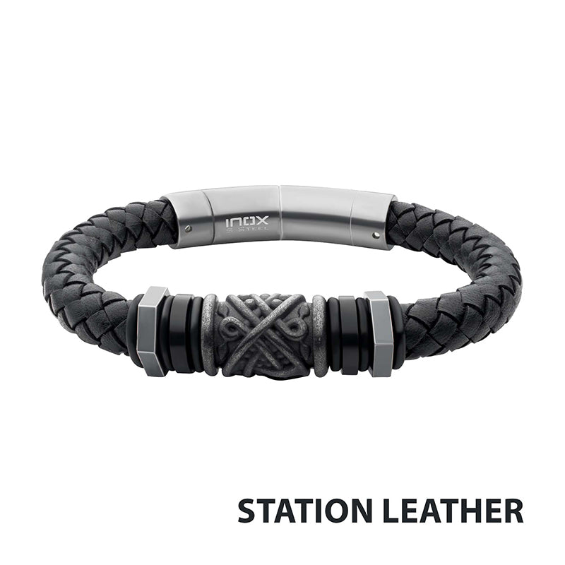 Black Full Grain Cowhide Leather Braided Bracelet with Gun Metal Beads