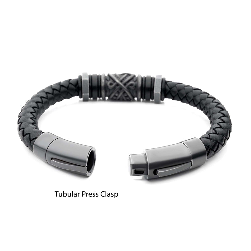 Black Full Grain Cowhide Leather Braided Bracelet with Gun Metal Beads