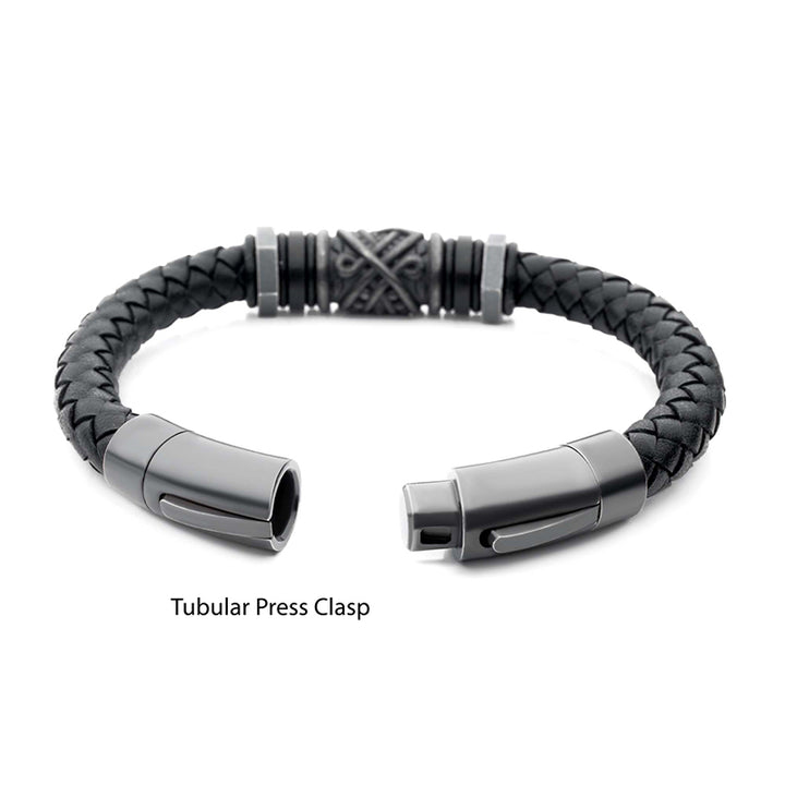 Black Full Grain Cowhide Leather Braided Bracelet with Gun Metal Beads